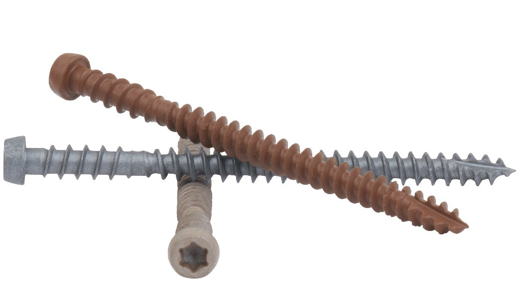 COMPOSITE DECK SCREWS T-20 Torx (Star) Drive SKT Plated Steel Dual Thread Design Tan Brown Gray Group Photo