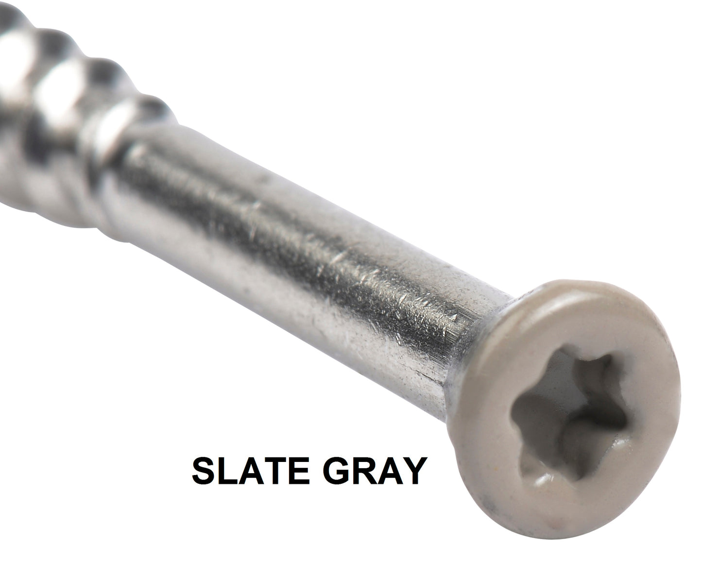 Slat Gray Tan Gray Color 8 x 2-1/2 COLOR TRIM FINISH HEAD STAINLESS-TORX DECK SCREWS Torx (Star) Drive 305 Stainless Steel Trim Head with Nibs to Countersink Type-17 Cutting Point