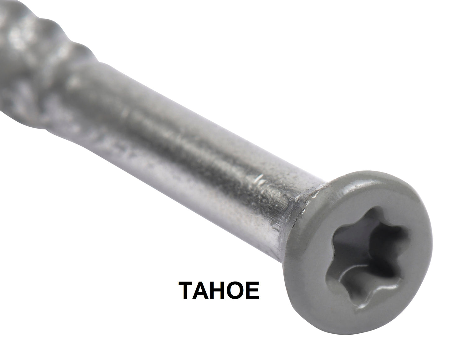 Gray Tahoe Color 8 x 2-1/2 COLOR TRIM FINISH HEAD STAINLESS-TORX DECK SCREWS Torx (Star) Drive 305 Stainless Steel Trim Head with Nibs to Countersink Type-17 Cutting Point