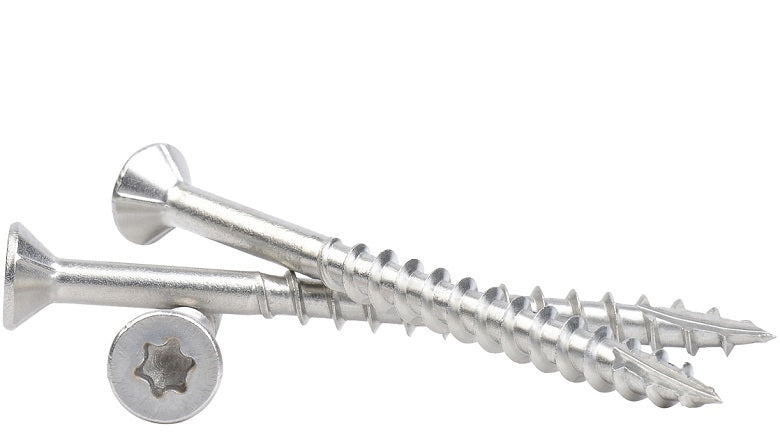 #10x3" #10x2-1/2" #8x3" #8x2-1/2" #8x2" 305 Stainless Torx Deck Screw STAINLESS-TORX DECK SCREWS Torx (Star) Drive 305 Stainless Steel Flat Head with Nibs to Countersink Type-17 Cutting Point