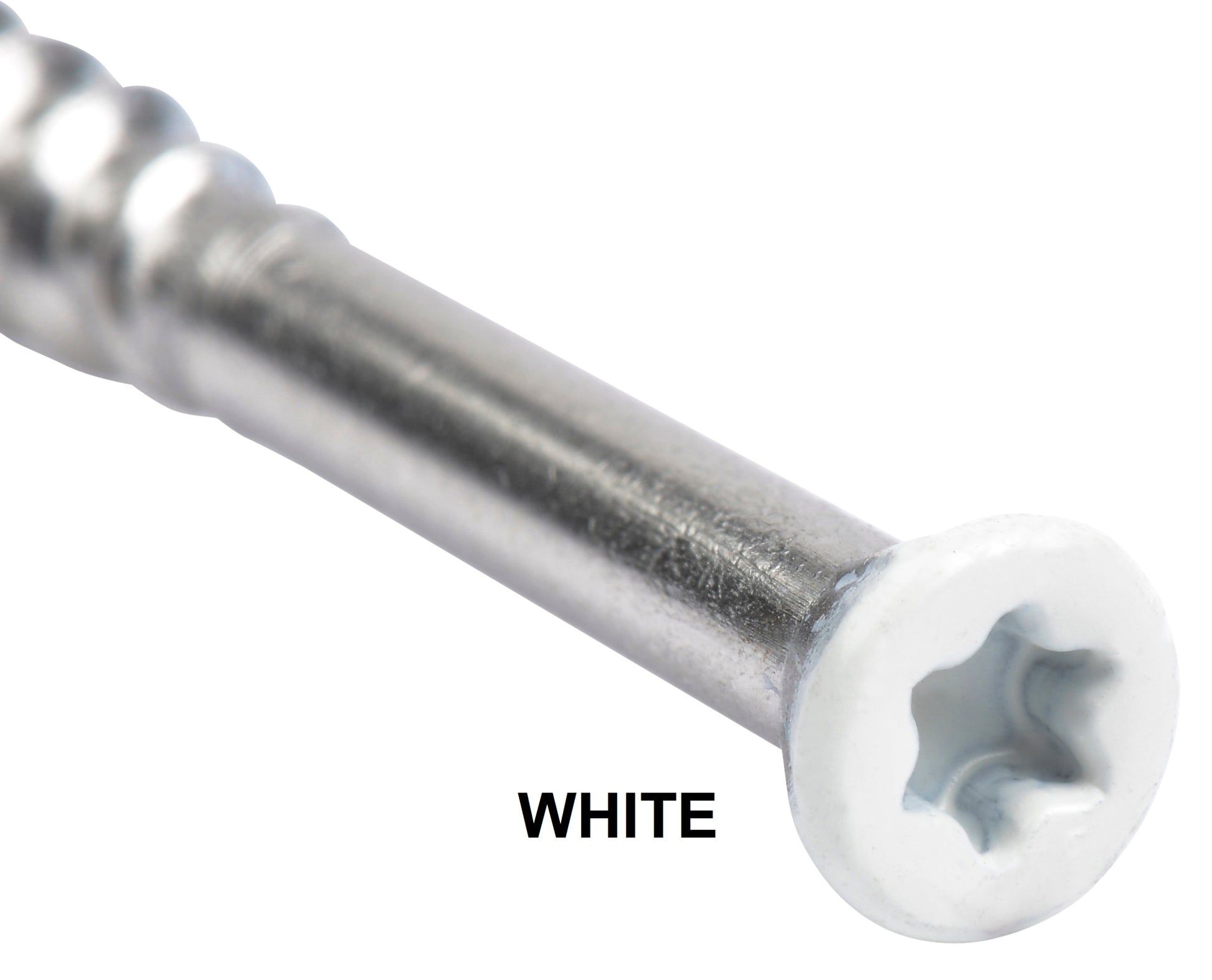 White Color 7 x 2-1/4 COLOR TRIM FINISH HEAD STAINLESS-TORX DECK SCREWS Torx (Star) Drive 305 Stainless Steel Trim Head with Nibs to Countersink Type-17 Cutting Point