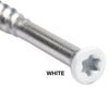 White  Color 8 x 2-1/2 COLOR TRIM FINISH HEAD STAINLESS-TORX DECK SCREWS Torx (Star) Drive 305 Stainless Steel Trim Head with Nibs to Countersink Type-17 Cutting Point