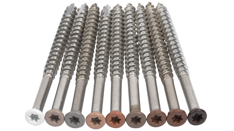 8 x 2-1/2 COLOR TRIM FINISH HEAD STAINLESS-TORX DECK SCREWS Torx (Star) Drive 305 Stainless Steel Trim Head with Nibs to Countersink Type-17 Cutting Point