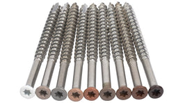 8 x 2-1/2 COLOR TRIM FINISH HEAD STAINLESS-TORX DECK SCREWS Torx (Star) Drive 305 Stainless Steel Trim Head with Nibs to Countersink Type-17 Cutting Point
